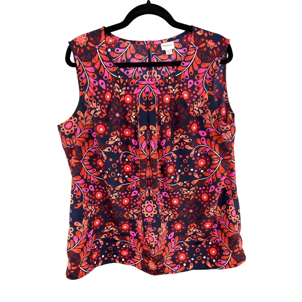 Merona‎ Womens Sleeveless Blouse XXL Pink Orange Navy Floral Keyhole Cottagecore
